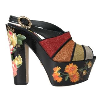 Dolce & Gabbana Schoenen, Dames, Veelkleurig, 39 EU, Leer, Floral Crystal Platform Sandalen