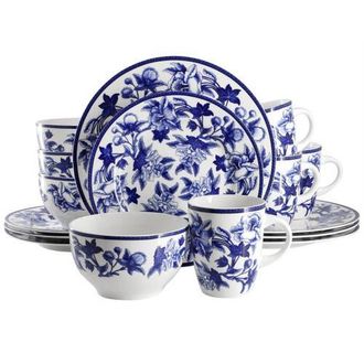 Elama Cattleya Orchid 16 Piece Round Porcelain Dinnerware Set in Blue at Nordstrom