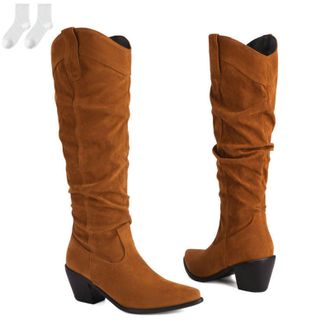 Generic Womens Knee-High Boots in A Suede Look, Casual Pull-On Boots with A Block Heel, Comfortable Tall Boots with A Pointed Toe for Everyday Wear, Autumn An