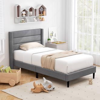 Costway Costway Single Bed Frame Linen Upholstered Platform Bed w/Headboard in Grey
