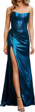 Sherri Hill Strapless Metallic Gown In Ocean Blue