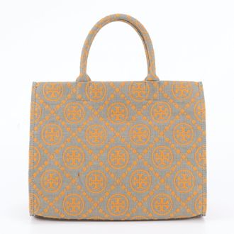 Tory Burch Gray Orange Leather Canvas Handbag Shoulder Bag Tote Bag (Pre-Owned)