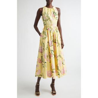 Oscar De La Renta Floral Stretch Poplin Dress in Pink/Butter at Nordstrom, Size 10