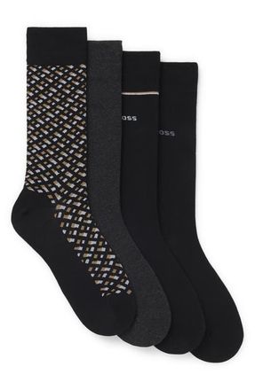 BOSS Assorted 4-Pack Monogram & Solid Cotton Blend Dress Socks Gift Box in Black at Nordstrom, Size 7-13