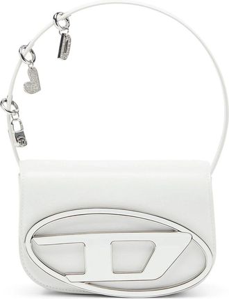 Diesel Structured White Leather Shoulder Bag with Flap Closure and Charms