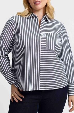 Foxcroft Bella Stripe Popover Top in Black/White at Nordstrom, Size 2 X