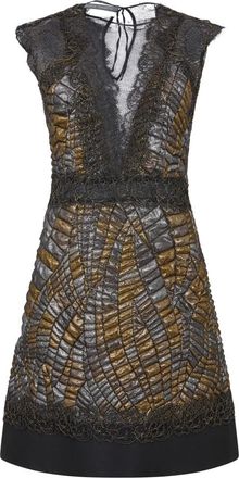 Moschino Kleedjes, Dames, Veelkleurig, S, Leer, Elegant Jurk met Diepe Halslijn