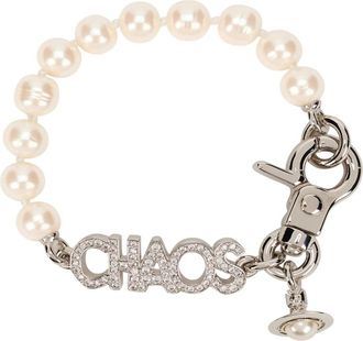 Vivienne Westwood Armband met ketting en parels - Dames - Armbanden - Wit - M - Leer - Accessoires