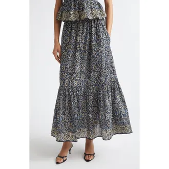 Ulla Johnson Olina Print Tiered Cotton Maxi Skirt in Midnight Bloom at Nordstrom, Size 00