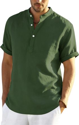 Generic Linen Shirts Men Short Sleeve Summer Beach Hawaiian Shirts With Pockets Fashion Grandad Collar Collarless Henley Tshirts Men Uk Button V Neck Cotton L