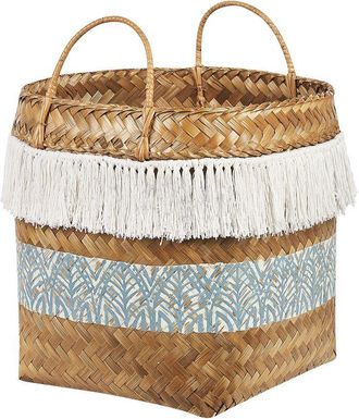 Beliani Cesta De Madera De Bamb&uacute; Natural Blanco Azul 42 Cm Asas R&uacute;stico Boho Mesuji