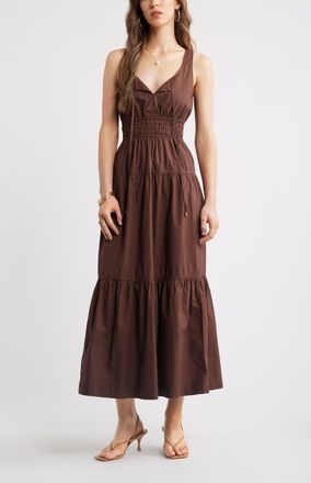 Chelsea28 Cotton Poplin Tiered Maxi Sundress in Brown Bitter at Nordstrom, Size Xx-Small