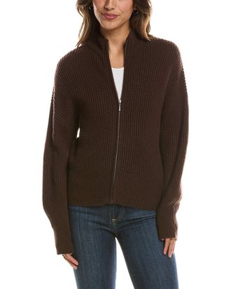 Fort&eacute; Cashmere Rib Zip Mock Neck 100% Cashmere Cardigan