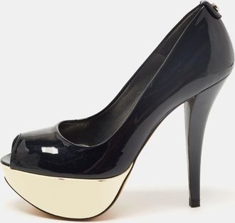 Stuart Weitzman Black Patent Leather Platform Peep Toe Pumps