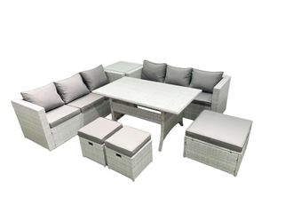 Fimous Rattan Garden Furniture Set 9 Seater Outdoor Sofa Set with Dining Table Side Table 3 Footstools Light Grey Mixed