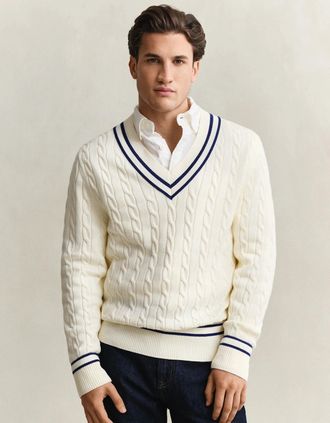 GANT Mens GANT Mens Cotton Cable V-Neck Jumper - 130 Cream - White - Size: 42