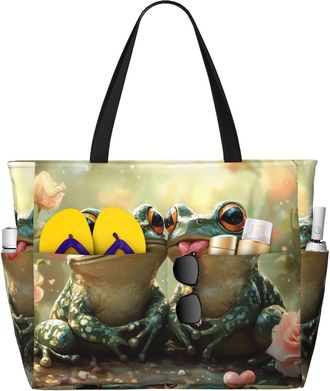 Generic Cute Frog Print Large Beach Bag Foldable Travel Shoulder Tote Bag With Pocket For Weekender Pool Vacation