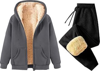 Generic Womens Sweatsuits Fleece Lined Zip up Hoodie Sherpa Jacket and Sweatpants Tracksuit Winter Warm Sets 2 Piece Outfits