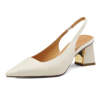 Generic Womens Pointed Toe Faux Leather Dress Pumps Mid Chunky Heel Adjustable Slingback Strap Lightweight Cushioned Insole Non Slip Comfortable Shoes,White,3