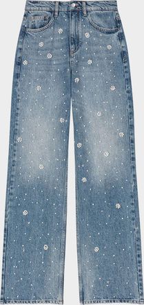 Maje Perla Flower Embroidered Wide-Leg Jeans