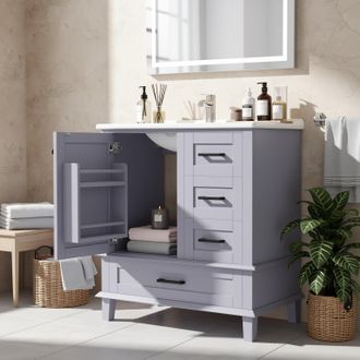 Urban Meuble Urban Meuble Mobile Lavabo A Terra Laccato Grigio (76x46x83,5 Cm) Con Lavabo In Ceramica, Anta E 3 Cassetti Con Chiusura Ammortizzata (rubinetteria No