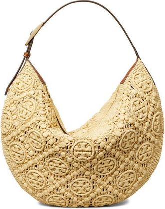 Tory Burch T-Monogram Woven Raffia Straw Shoulder Bag in Natural at Nordstrom