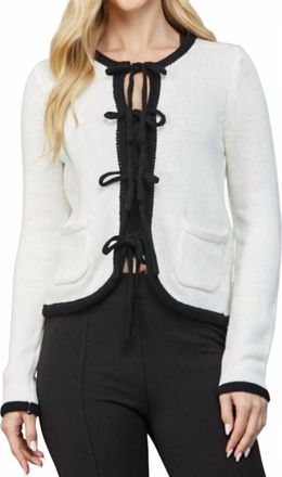 Fate Contrast Piping Detail Front Tie Closure Cardigan In Ivory/black