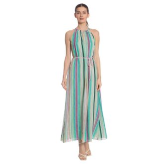 Maggy London Romy Dress Womens Green Striped Halter Neck Tie Waisted FROG489