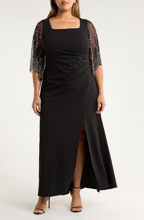 Alex Evenings Beaded Sleeve Stretch Crepe Gown in Black at Nordstrom, Size 14W