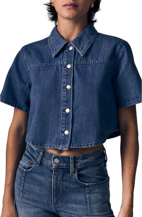 LE JEAN Denim Crop Swing Shirt in Ocean Breeze at Nordstrom, Size X-Small