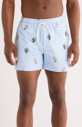PacSun Embroidered Bouquet 4.5-Inch Swim Trunks in Blue/White at Nordstrom, Size X-Large