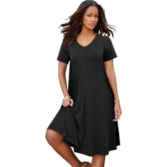 Roaman's Plus Size Short Sleeve Sleeve Swing Dress in Black at Nordstrom, Size 40