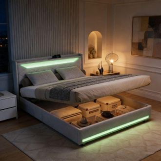 OEM Cama Lit 140x200 Cm Lino Gris Con Led Regulable, Usb Y Type-c, Almacenamiento Hidr&aacute;ulico, Somier Incluido
