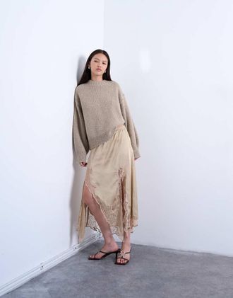 Topshop Gonna midi in raso e pizzo tortora con orlo asimmetrico-Neutro