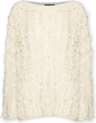 Elena Miro Gebreide trui met franjes - Dames - Ronde hals truien - Wit - S/M - Nylon - Truien & Vesten