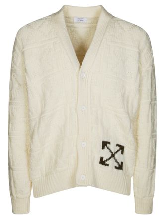 Off-white Textured Knitted Cardigan with V-Neck and Arrow Motif
