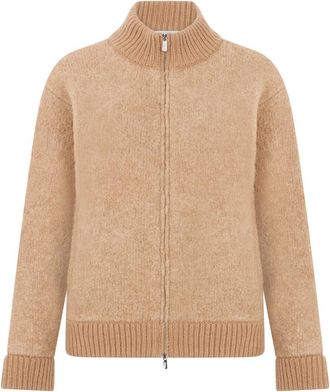 Fedeli Gebreide Cardigan met Hoge Hals en Rits - Dames - Truien - Beige - Maat: S Wol