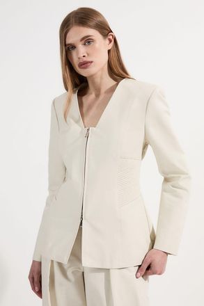 Karen Millen Womens Archive Collection - Tailored Cotton Pintuck Grosgrain Zip Front Blazer - Beige - Size 10 UK