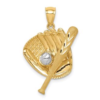 Diamond2Deal 14k Yellow Gold and White Rhodium Diamond-cut Baseball Bat/Glove/Ball Pendant