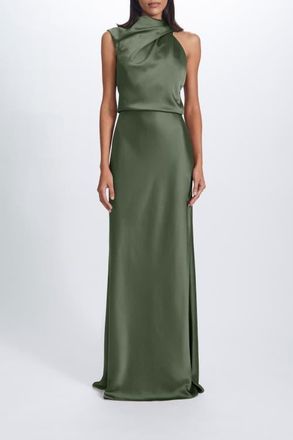 Amsale Fluid Satin Draped Neck Dress in Olive at Nordstrom, Size 16