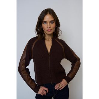 Central Park West Atlas Raglan Leather Trim Zip Up in Chocolate at Nordstrom, Size X-Small