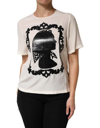 Dolce & Gabbana Womens Cream Silk Silhouette Detail Short Sleeve Top