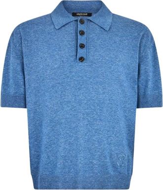 Roberto Cavalli Wnm 609Mg 001 Gebreide polo shirt met geborduurd logo - Heren - Ronde hals truien - Blauw - M - Truien & Vesten