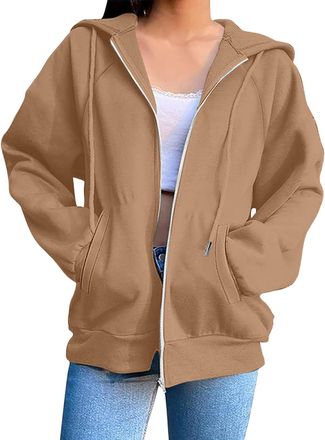 Generic Womens Zip Up Hoodie Lightweight Sport Jacket with Hood Warm Long Sleeve Zipped Sweatshirt with Pockets Plain Loose Fit Oversized Zip Hoodies for Wome