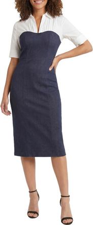 London Times Short Sleeve Mixed Media Sheath Dress in Denim Blue at Nordstrom Rack, Size 12