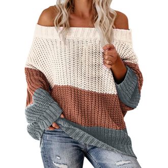 Generic Womens Off-The-Shoulder Sweater,Women Color Block Crochet Striped Sweaters Winter Warm-Ribbed Long Sleeve Top Comfy Lounge Loose Lightweight Pullover 
