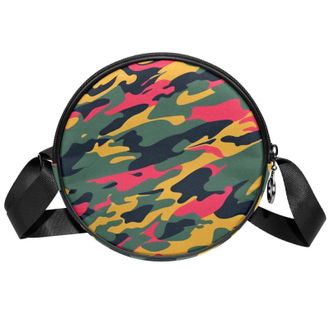 Generic Circle Crossbody Bag for Women, Colorful Camouflage Small Sling Bag Daypack with Zipper Adjustable Shoulder Straps Casual Ladies Girls Round Purse