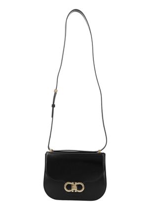 Ferragamo Black Gold-Tone Clasp Calf Leather Shoulder Bag