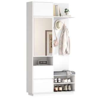 STILVORA Mueble De Entrada Con Espejo Y Banco, Zapatero Con Percheros, Cajones Y Estantes, Estilo Moderno, En Mdf, Blanco, 90&times;34,5&times;190 Cm