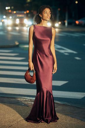 Retrof&ecirc;te Ambrosia Straight-Neck Ruffled Satin Maxi Dress